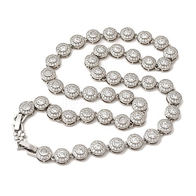 Brass Micro Pave Clear Cubic Zirconia Flat Round Link Chain Necklaces for Women NJEW-B157-18P-1