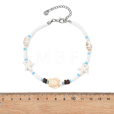 Boho Sea Turtle & Starfish Shell & Synthetic Turquoise Beaded Anklets AJEW-AN00783-1