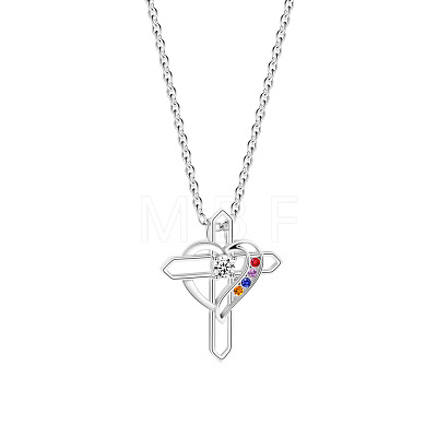 Mother's Day Brass Micro Pave Colorful Cubic Zirconia Heart Cross Pendant 304 Stainless Steel Cable Chain Necklaces for Women WGBC0BB-01-1