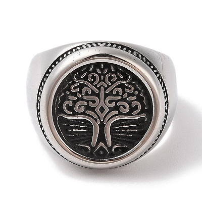 304 Stainless Steel Round with Tree of Life Signet Rings for Men RJEW-U005-20A-01-1