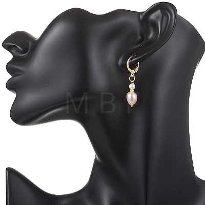 Oval Brass Natural Freshwater Pearl Leverback Earrings EJEW-JE06815-1