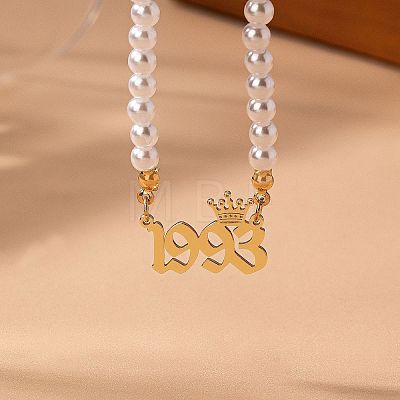 Alloy Crown Birth Year Pendant Imitation Pearl Round White Beaded Necklaces for Women FS-WG173C9-33-1