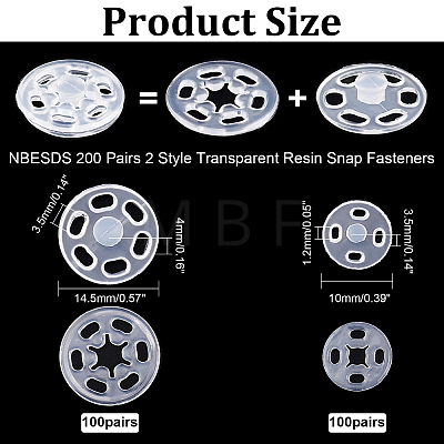  200 Pairs 2 Style Transparent Resin Snap Fasteners BUTT-NB0001-48-1