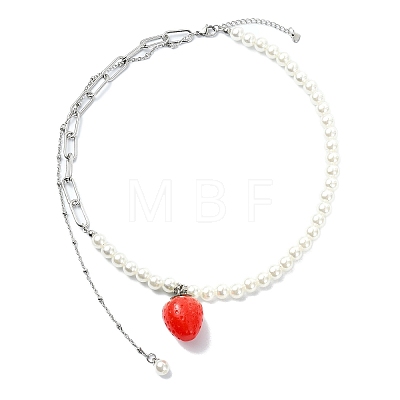 Resin Red Strawberry Pendant 304 Stainless Steel Paperclip Chain & Acrylic Pearl White Round Beaded Necklaces for Women NJEW-JN06113-1