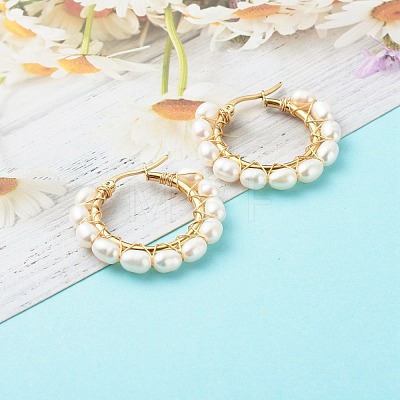 Natural Pearl Beads Brass Hoop Earrings EJEW-JE04565-01-1