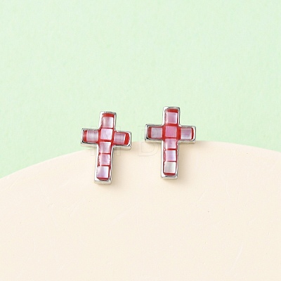 Brass Enamel Cross Stud Earrings EJEW-I322-03P-1