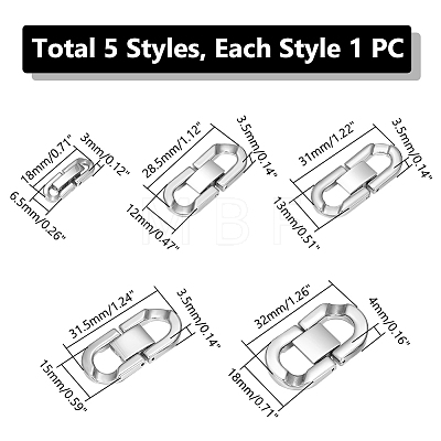 Unicraftale 5Pcs 5 Styles 304 Stainless Steel Fold Over Clasps STAS-UN0053-36-1