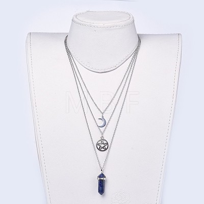 Bullet Natural Lapis Lazuli Pendant Tiered Necklaces NJEW-JN02457-03-1