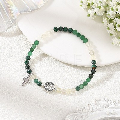 Gradient Natural Mixed Stone Faceted Round Beaded Stretch Bracelets with Alloy Saint Benedict Medal BJEW-JB14401-02-1