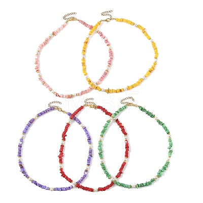 Dyed Natural Freshwater Shell Chip Beads & White Round Shell Pearl Beaded Necklaces NJEW-JN06402-1