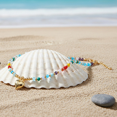Beach Colorful Glass Beaded Alloy Heart Pendant Necklaces for Women NM2683-1