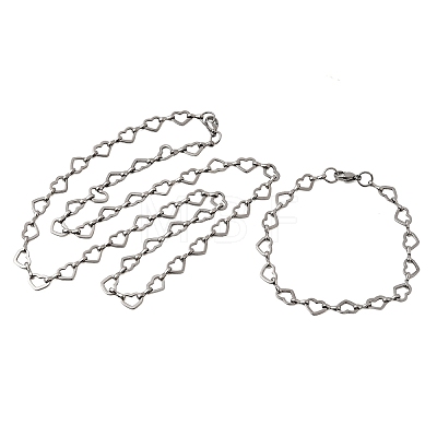304 Stainless Steel Heart Link Chain Bracelet & Necklace Jewelry Sets SJEW-L199-13P-1