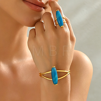 Bohemian Style Horse Eye Natural Agate & Metal Cuff Bangle & Ring Set for Women Party and Evening Wear ZI1822-3-1