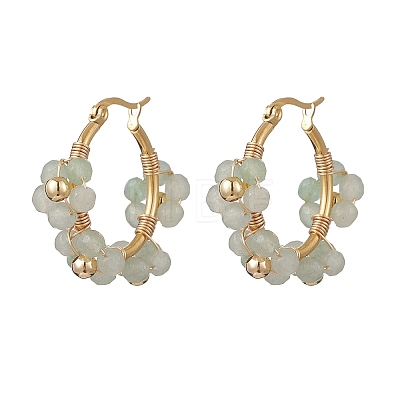 Flower Brass & Natural Green Aventurine Hoop Earrings EJEW-TA00781-03-1