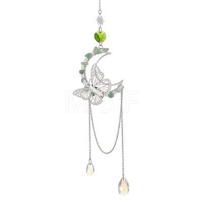 Natural Green Aventurine Chips & Brass Moon & 304 Stainless Steel Butterfly Suncatcher HJEW-TA00449-01-1