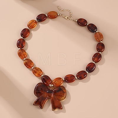 Resin Bowknot Pendant Oval Beaded Necklaces with Alloy End Chains for Women FS-WGF4692-02-1