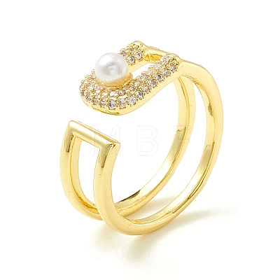 Clear Cubic Zirconia Intial Letter D Shape Open Cuff Ring with Imitation Pearl for Women ZIRC-P096-16G-1