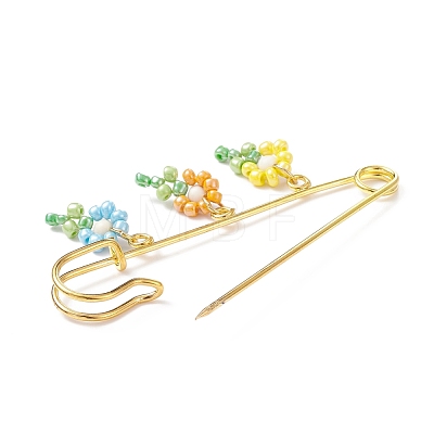 Glass Seed & Synthetic Turquoise Braided Flower of Life Charms Safety Pin Brooch JEWB-BR00078-1