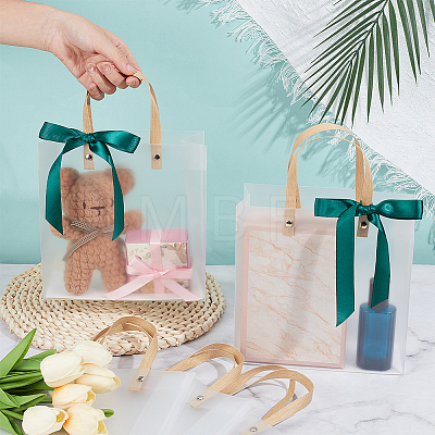 Transparent Frosted PVC Plastic Gift Tote Bags with Green Ribbon ABAG-WH0048-68B-1