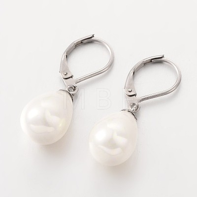 Teardrop Shell Pearl Leverback Dangle Earrings EJEW-JE01793-1