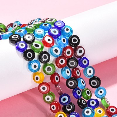 Handmade Evil Eye Lampwork Flat Round Bead Strands LAMP-L058-10mm-M-1