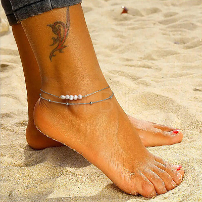 Rhodium Plated 925 Sterling Silver Double Layered Chain Anklet with Natural Freshwater Pearls AJEW-F162-013P-1