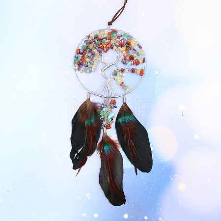 Woven Net/Web with Feather Gemstone Chips Pendant Decorations TREE-PW0003-03A-1