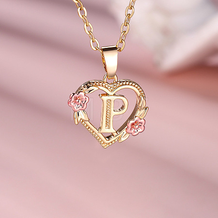 Brass Rose Flower Heart with Letter Pendant Necklaces FS-WGF6950-16-1
