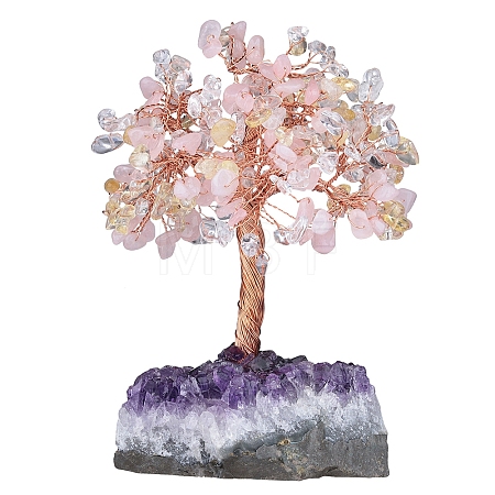 Natural Rose Quartz & Quartz Crystal & Citrine Chips Tree of Life Decorations DJEW-PW0013-44A-1