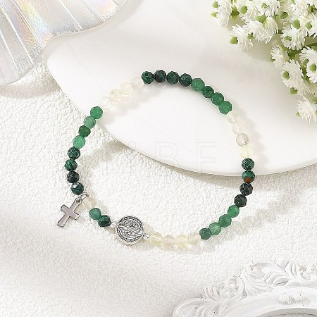 Gradient Natural Mixed Stone Faceted Round Beaded Stretch Bracelets with Alloy Saint Benedict Medal BJEW-JB14401-02-1