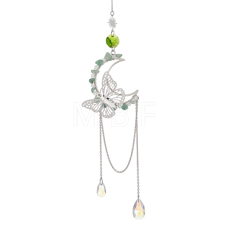 Natural Green Aventurine Chips & Brass Moon & 304 Stainless Steel Butterfly Suncatcher HJEW-TA00449-01-1
