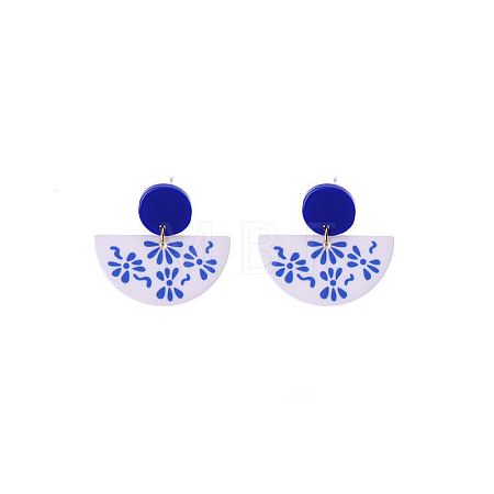 Acrylic Blue and White Porcelain Printed Dangle Stud Earrings FS-WG917E7-02-1