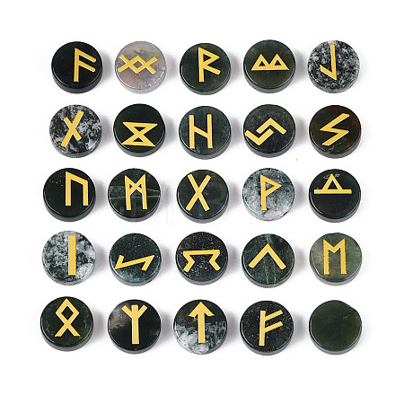 Brass Elder Futhark Alphabet Engraved Symbol Flat Round Natural Indian Agate Rune Stones G-I373-01A-1