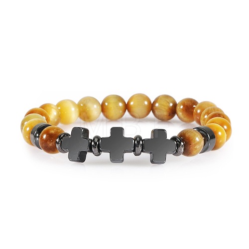 Volcanic Lava Stone Beaded Bracelet with Cross Pendant Tiger Eye Yoga ED3000-9-1