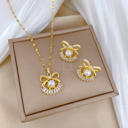 Brass Micro Pave Cubic Zirconia with Plastic Pearl Pendant Necklace & Stud Earrings WG7AC39-98-1