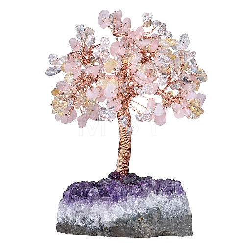 Natural Rose Quartz & Quartz Crystal & Citrine Chips Tree of Life Decorations DJEW-PW0013-44A-1
