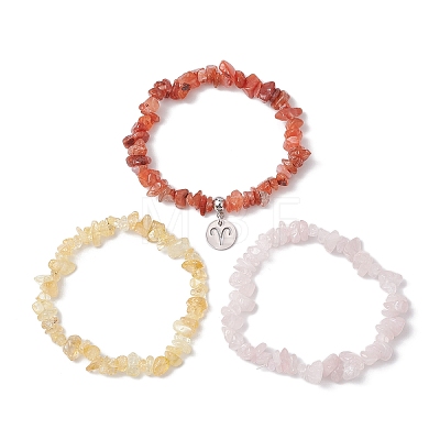 3Pcs 3 Styles Natural Rose Quartz & Citrine & Red Agate Chips Stretch Bracelets Sets BJEW-JB11076-03-1