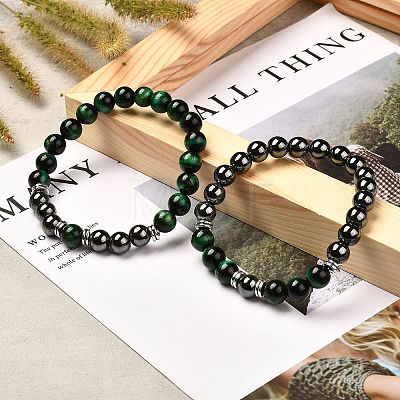 Natural Tiger Eye(Dyed) Beads Stretch Bracelets Set BJEW-JB06653-03-1