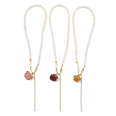 Brass Epoxy Resin Inner Dried Rose Flower Pendant Natural Pearl Beaded Lariat Necklaces NJEW-JN06674-1