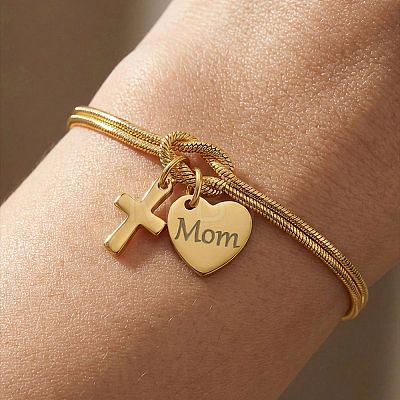 Mother's Day 304 Stainless Steel Snake Chain Double-layered Bracelets WG36131-01-1