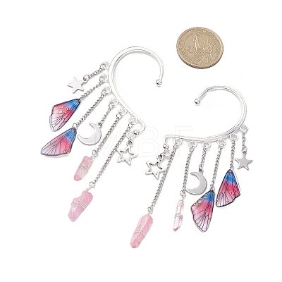 Wing Resin & Natural Quartz Crystal Points Beaded Dangle Earrings EJEW-TA00523-1