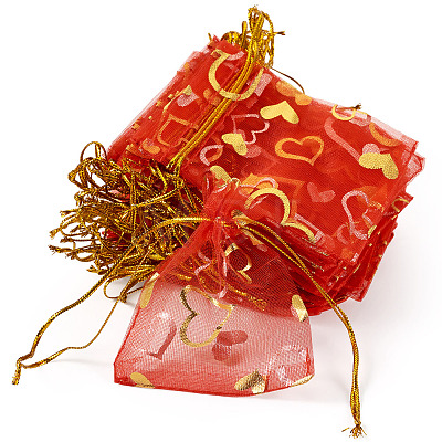 50Pcs Heart Printed Organza Bags OP-TADJ0001-01F-1