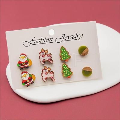 4 Pairs Santa Claus & Deer & Christmas Tree Printed Wood Stud Earrings EJEW-OY001-05-1