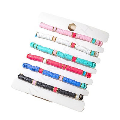 6Pcs Bohemian Style Polymer Clay Disc Beads Braided Bead Bracelets for Women FS-WG52209-01-1