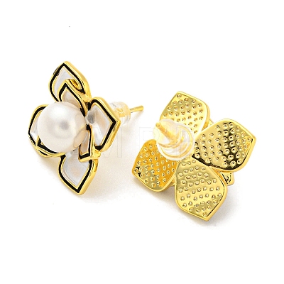 Brass Flower Stud Earrings with Natural Pearl EJEW-Z020-04G-1