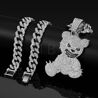 Zinc Alloy Full Crystal Rhinestone Bear Pendant Cuban Link Chain Necklaces for Men FS-WGDB54B-05-1