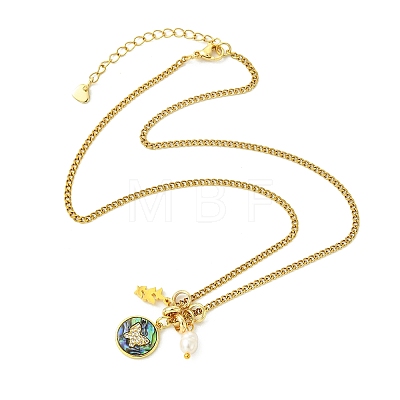 Brass Natural Paua Shell & Pearl Pendant 304 Stainless Steel Curb Chain Necklaces for Women NJEW-JN06258-02-1