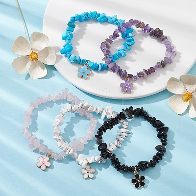 Alloy Enamel Flower Charm Bracelet with Synthetic & Nature Mixed Stone Chips Chains BJEW-JB09654-1