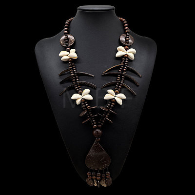 Boho Coconut & Wood & Natural Shell Handmade Ethnic Pendant Long Tassel Beaded Necklaces for Beach Vacation WG0A164-03-1
