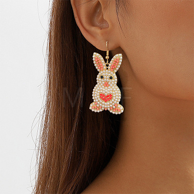 Easter Zinc Alloy & Plastic Imitation Pearl Rabbit Dangle Earrings FS-WG041E6-01-1